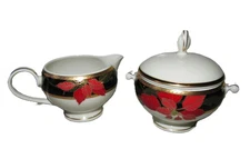 MIKASA CHRISTMAS EVE L346  Porcelain Creamer and Covered Sugar Bowl  New in Box!