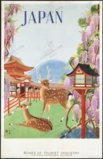 Japan Travel Poster Nara Park Deer Temple 1935 Vintage Wall Art Retro