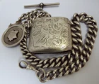 SUPERB V HEAVY 80g ANTIQUE 1909 STERLING SILVER ALBERT WATCH CHAIN & VESTA CASE