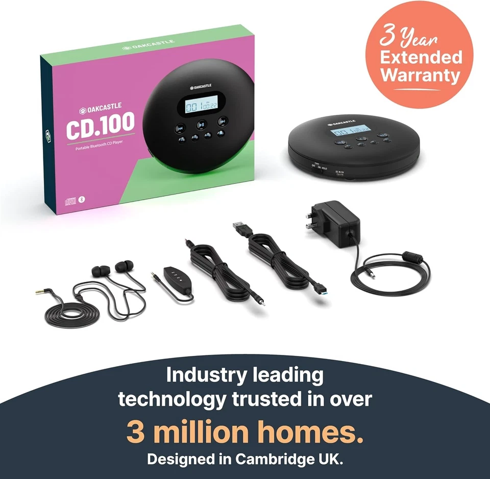CD Player, Discman, Bluetooth, MP3 | Oakcastle CD100, tragbar, Schwarz, WIE NEU - Bild 2 von 4