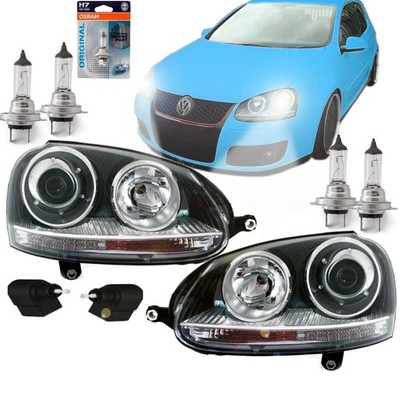 Scheinwerfer SET Klarglas Schwarz Xenon DE-Linse 4x OSRAM passt für VW Golf 5