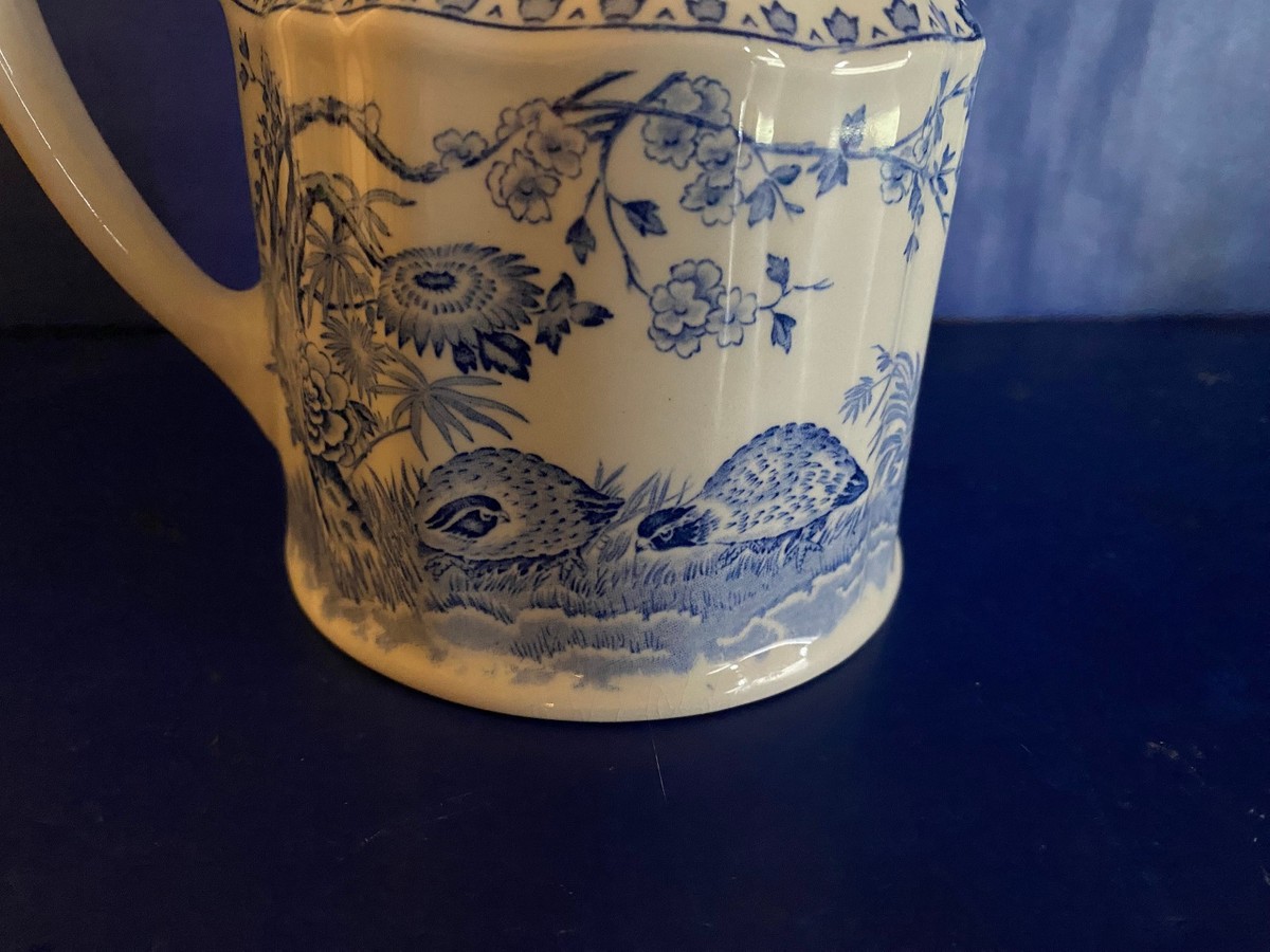 FURNIVALS QUAIL,1913 MILK PITCHER MADE IN ENGLAND,BLUE & WHITE