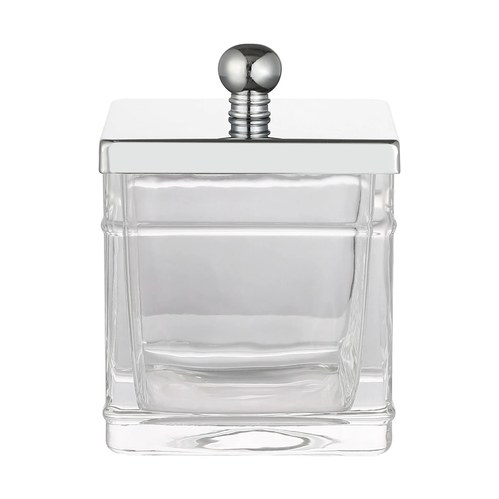 Apothecary Glass Cotton Jar Holder Silver Stainless Steel Lid, Elegant Bathro...