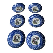 6- Vintage Japan Souvenir Dish Made by DC Japan Blue Design Gold Trim 3-1/2"