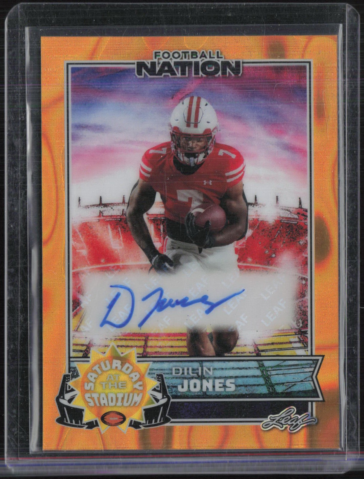 2025 Leaf Football Nation Saturday At The Stadium Lava Gold Dilin Jones 1/1 Auto view 1