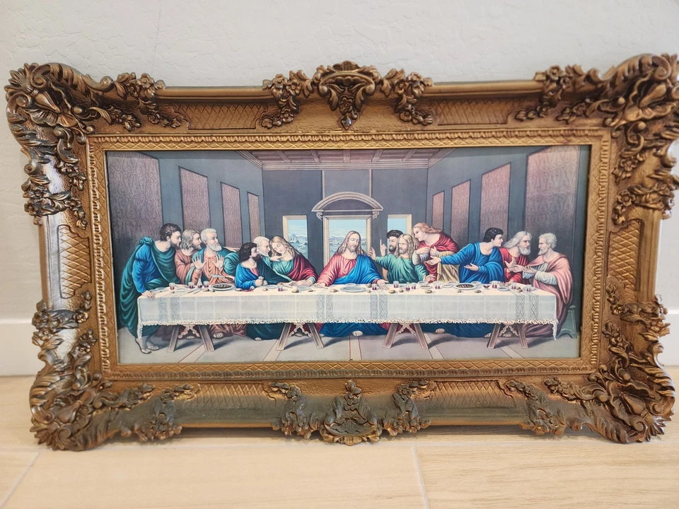 Cuadro enmarcado grande vintage de Jesucristo Señor ÚLTIMA CENA ~ ¡HECHO EN ITALIA! Foto 4 de 4