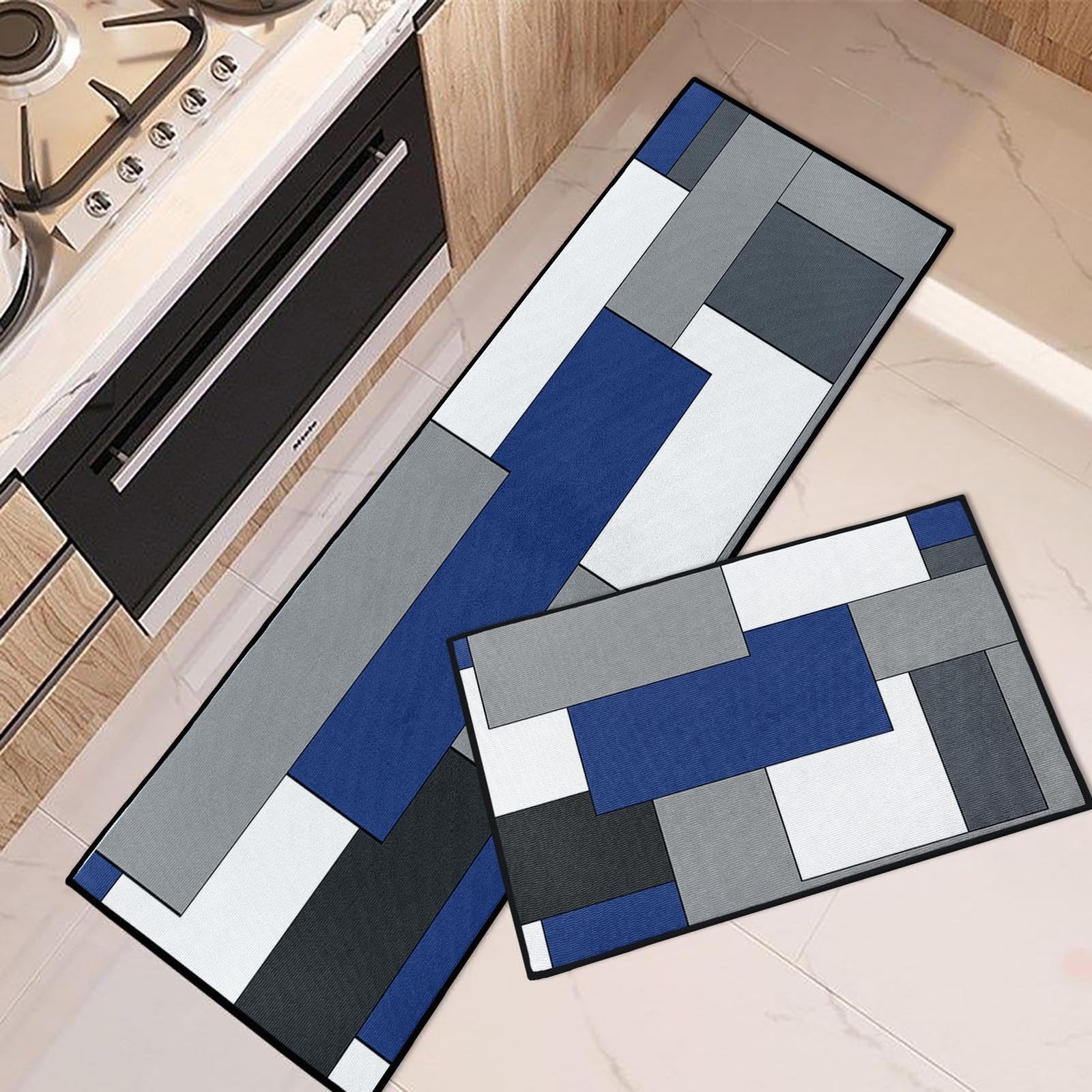 Blue Geometric Kitchen Rugs and Mats Non Skid Washable Set of 2, Checked Black G