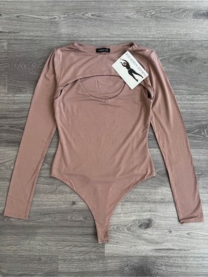 NAKED WARDROBE Double Up Bodysuit Large Tan Long Sleeve Cut Out Layered Party