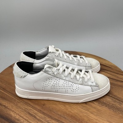 P448 John Shoes Womens Size 8.5 / 39 White Leather Calf Hair Glitter Sneakers