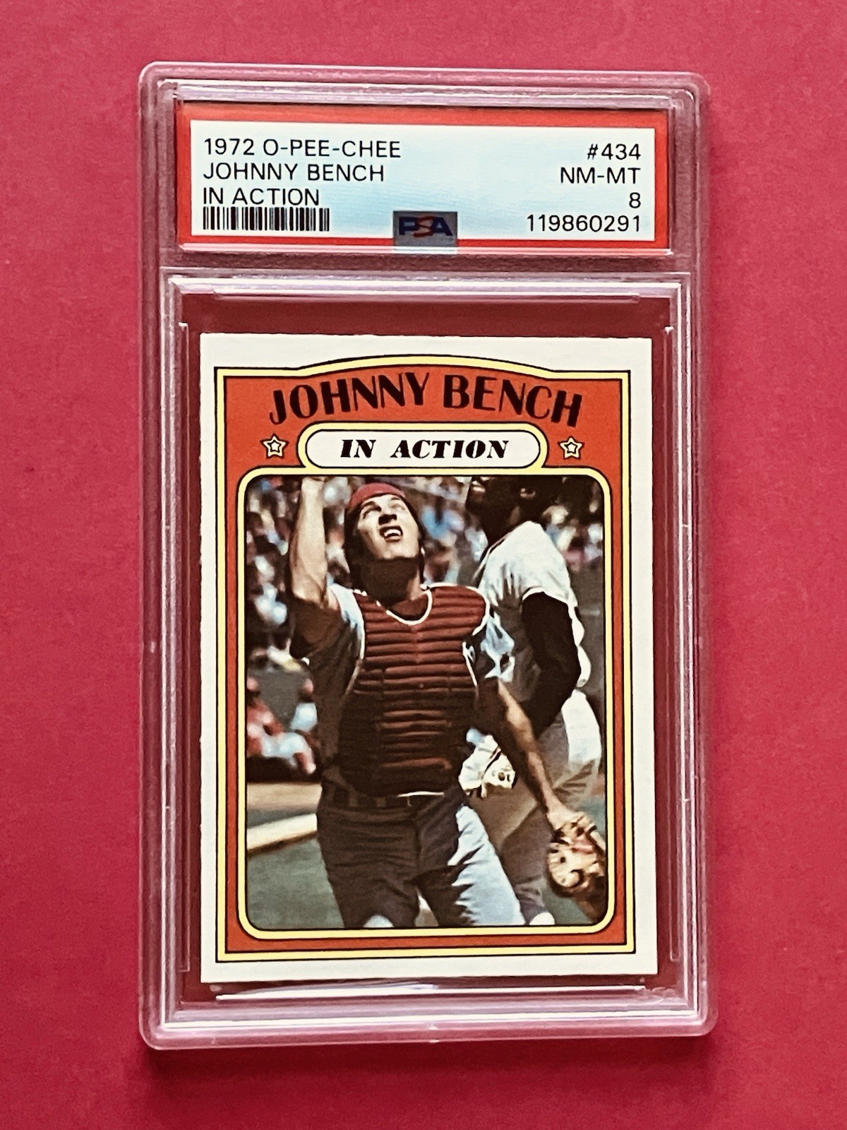 1972 Topps #434 Johnny Bench In Action PSA 8 HOF Reds Centered