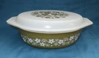 Vtg Olive Green Spring Blossom Pyrex Casserole Dish & Lid 2.5 Qt 045 Crazy Daisy