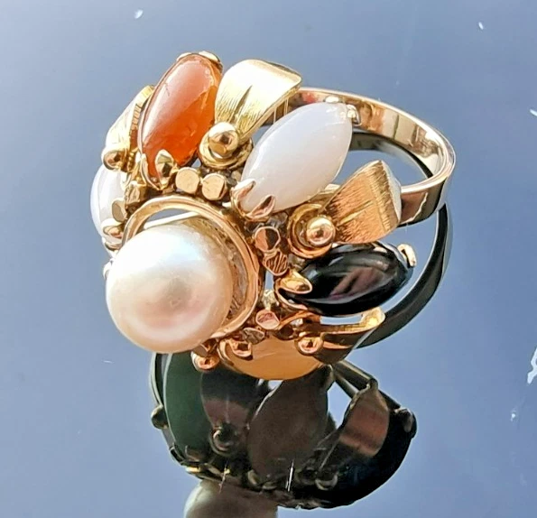 ANILLO FLOR JADEÍTA Y PERLA MULTICOLOR ORO AMARILLO 14K TALLA 6,75, 9,5 GRAMOS Foto 4 de 4