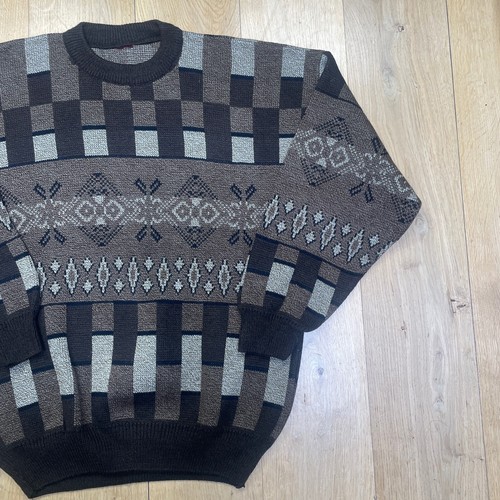 Mens Geometric Vintage Jumper XL Brown Crew Neck 90s Abstract Retro Sweatshirt - Picture 5 of 14