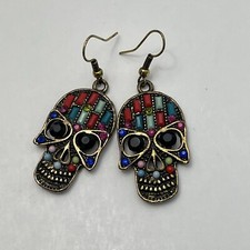 Halloween Skulls Dangle Drop Pierced Earrings Enamel Crystal Glass Gothic Spooky