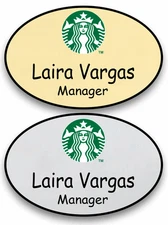 1 GOLD & 1 SILVER OVAL STARBUCKS PERSONALIZED NAME BADGES MAGNETIC FASTENER