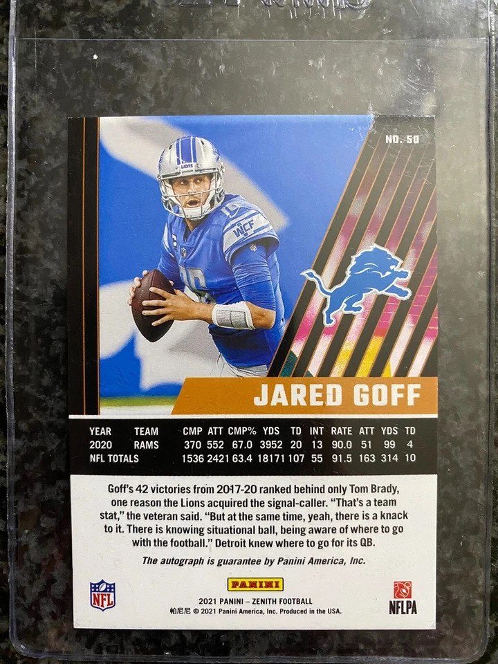 Jared Goff 2021 Panini Zenith Football #50 Auto Autograph #3/3 - Image 2 of 2