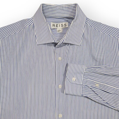 Reiss Dress Shirt Mens L Slim Fit Navy White Striped Long Sleeve