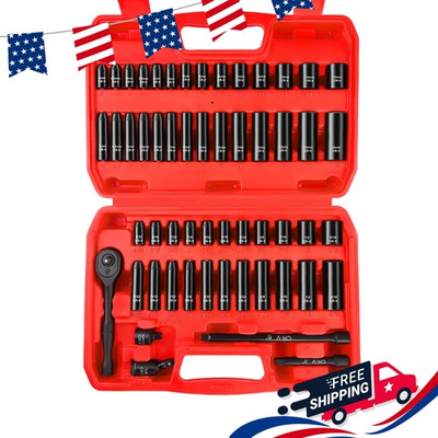 #ad #ad 55 Piece 1 4quot; Drive Impact Socket Set SAE Metric Deep Shallow Cr V Steel $43.99