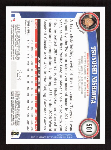 2011 Topps #501 Tsuyoshi Nishioka Rookie Minnesota Twins - Picture 2 of 2