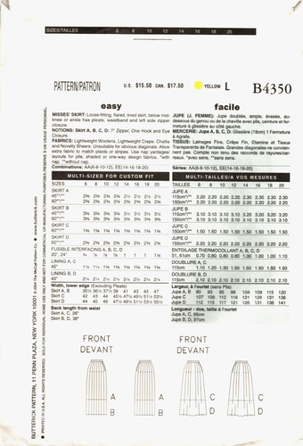Butterick 4350 ~ Misses Loose-Fitting Skirt ~ Lined ~ Pleats ~ Sizes 6-8-10-12 - Picture 2 of 5
