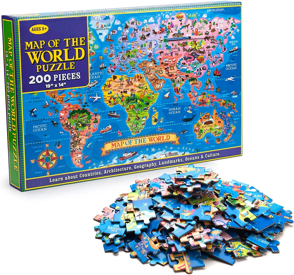 200 Pieces World Map Puzzle for Kids & Adults, World Map Jigsaw Puzzle  Floor Puz