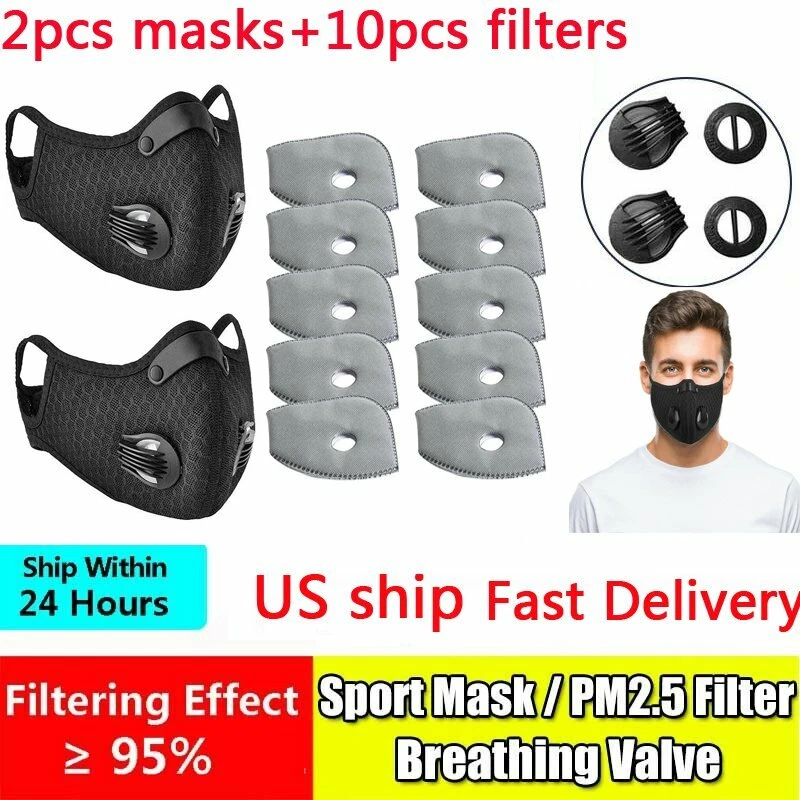 2pcs Cycling Reusable Face Mask With 10pcs Active Carbon Filters Breathing USA
