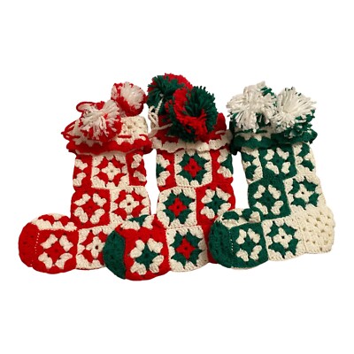 Vintage Granny Square Knit Crochet Christmas Stockings 10.5  Qty 3