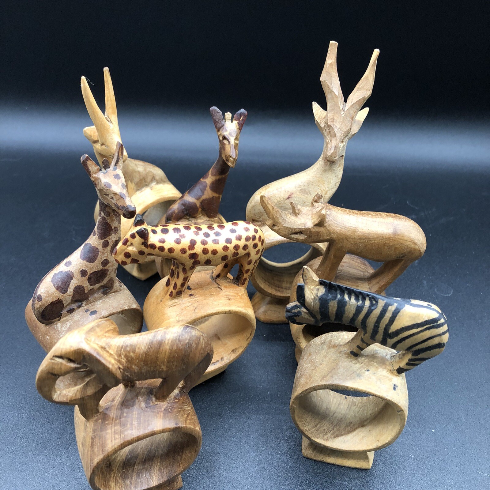 Wooden Vintage Safari African Animal Napkin Rings Hand Carved Set of 8