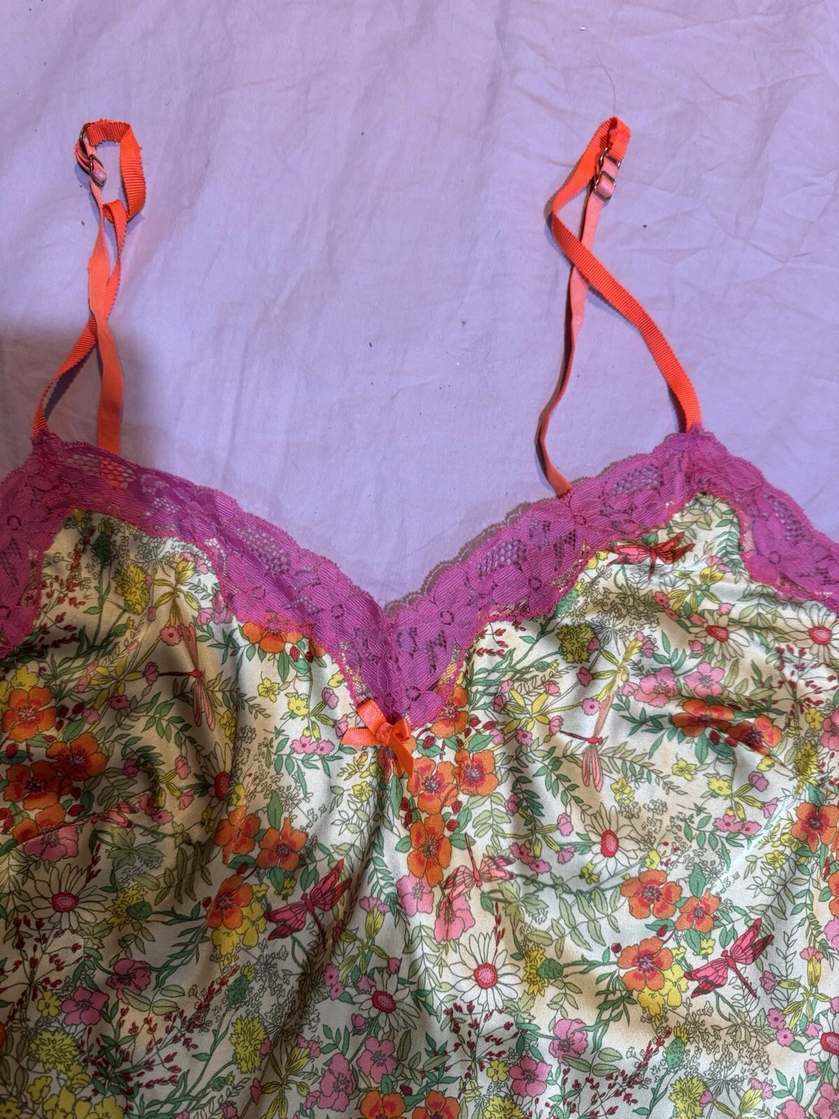 UNDERCOVER Abito Victoria's Secret giallo raso Ditsy floreale arancione pizzo slip S