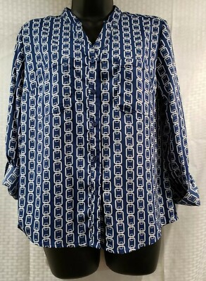 Notations Blue Petite Medium White Chain Patterned Blouse NWT
