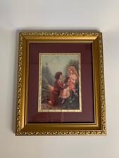 VINTAGE Wood Framed Print Boy  Girl in Garden Victorian Gold Toned Frame Matted