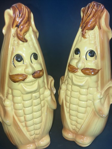 Vintage Anamorphic Male Corn Cobs Mustache Salt and Pepper Shaker Set Japan