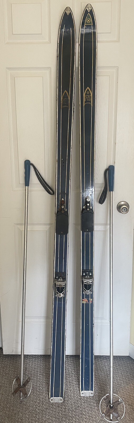 Vintage Blue Wood FIS Snow Skis, Made In Austria, With Poles, Lodge