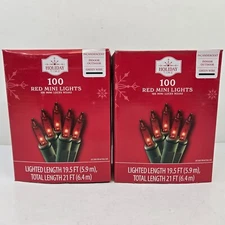 Holiday Time - 100 Red Mini Christmas Lights Green Wire 19.5ft Long - Lot of 2