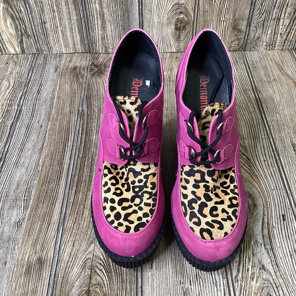 Pleaser Demonia CREEPER-304 Talla 6 Púrpura Leopardo Cuña Plataforma Con Cordones Creeper Foto 2 de 4