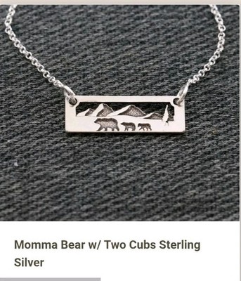 Artisan Mama Bear With 2 Cubs Sterling Silver Bar Necklace 16 Inch Made In USA 