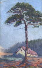 Huile sur panneau pin parasol paysage provençal signée cadre doré ancien