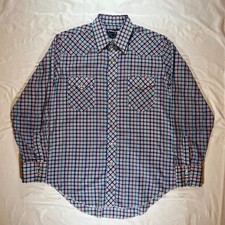 VTG 80s Wrangler Pearl Snap Western Shirt L 16x35 Plaid Made in USA Long Tails