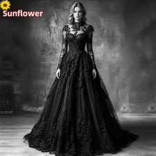 Gothic Black Wedding Dresses High Neck Long Sleeves Lace Appliques Bridal Gowns
