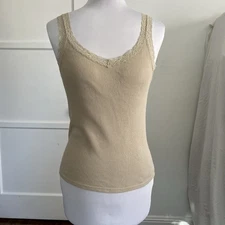 Ribbed Lace Trim Tank Top Camisole Beige Nude Cami S Small Cotton lacy cottage