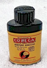 Antique Corega Denture Adhesive Sample Size Tin Bakelite Cap 2 1/4" T