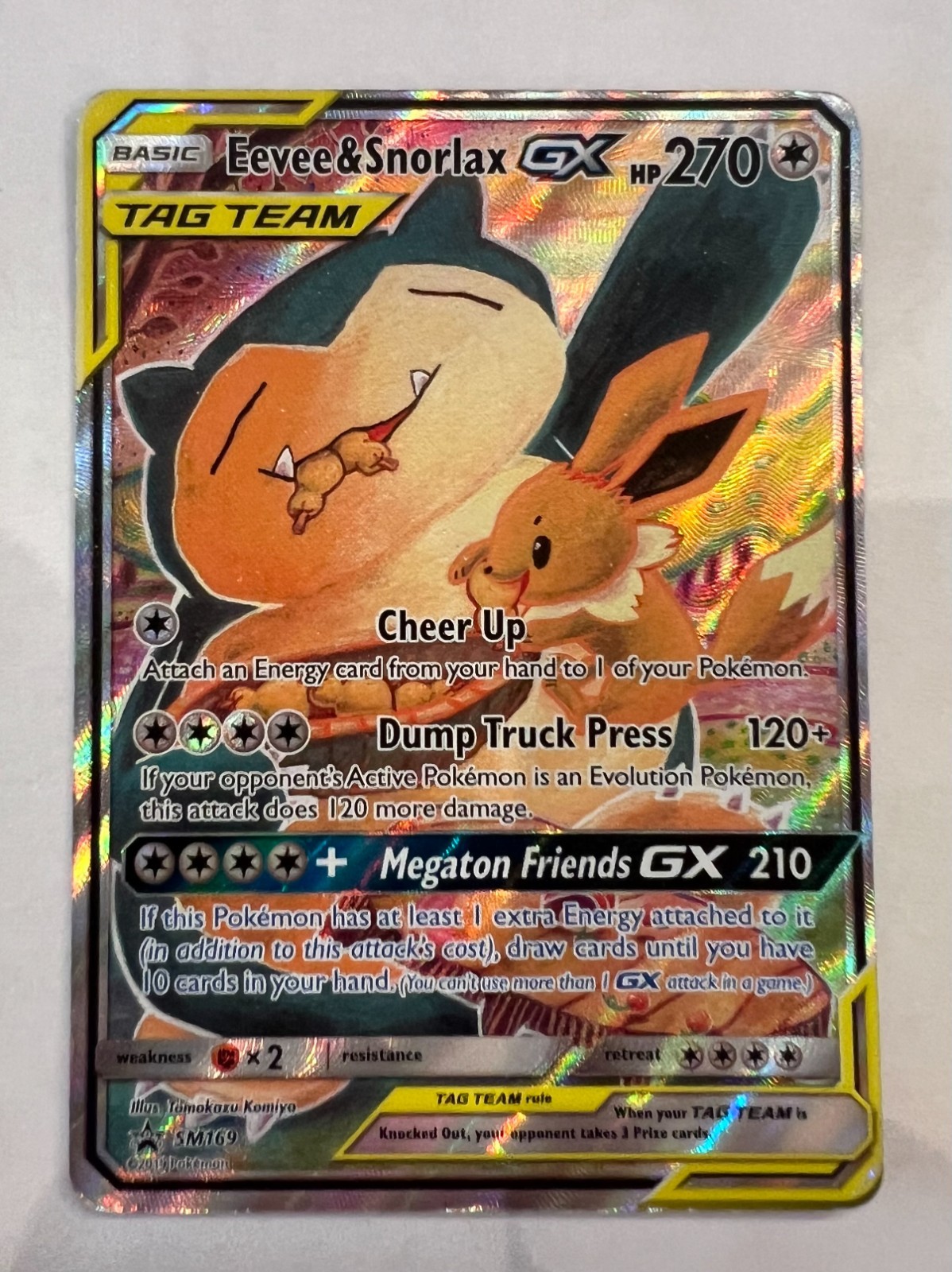 Pokémon Eevee & Snorlax GX TAG TEAM Promo Full Art Holo SM169 Card Moderate Play