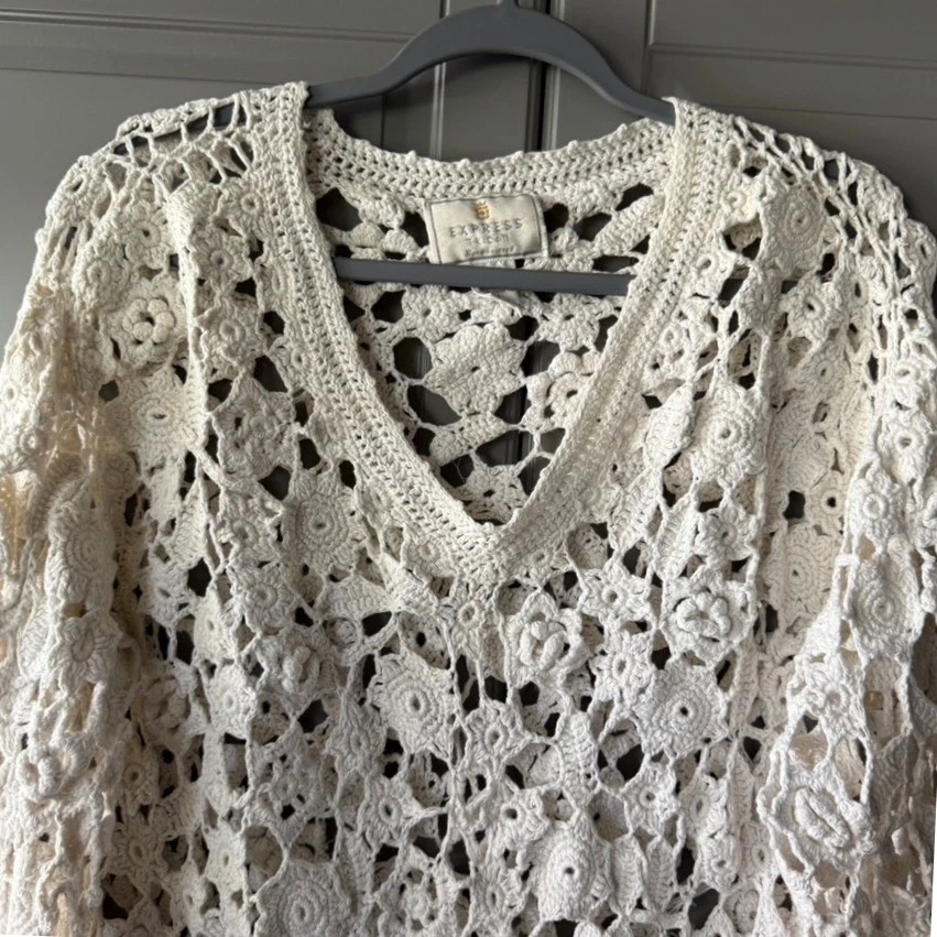 Suéter Express Tricot Tejido a Mano Vintage Años 90 Floral Manga Larga,Crema,M Foto 3 de 4