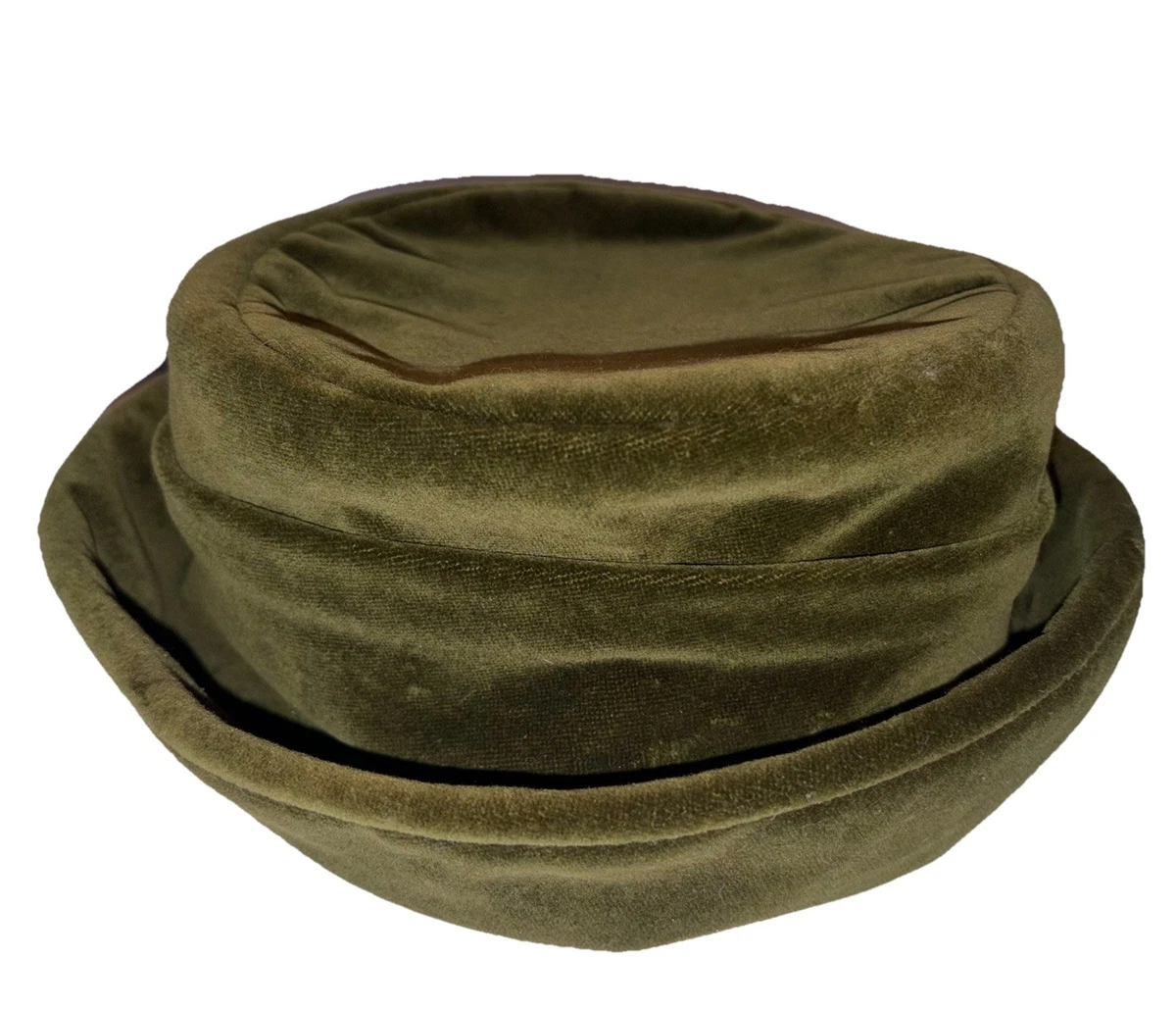 Vintage 80s Purple Wool Felt Pillbox Hat Olive Velvet Rosette Flowers 56cm Sz M Vintage Velvet Pillbox Hat, 1950s-60s Hat, Vintage Hat  main image 2