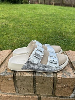 Neu Ecco Cosmo Fluidform Damen Silber Leder Zwei Riemen Sandale UK3,5-4 EU36