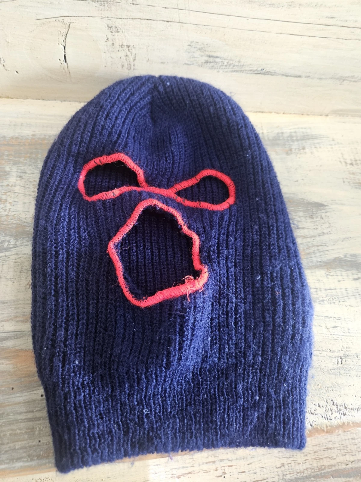Vintage Knit Ski Mask 1970s Balaclava Robber 3 Hole Full Face Blue Red
