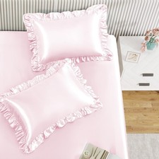 2-Pieces Ruffle Pillow Case Satin Fitted Sheet Set, Blush Pink Twin XL Sati...