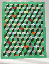 Vintage Handmade Tumbling Blocks Baby Quilt Green Patchwork Calico Crib Nursery