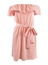 MICHAEL Michael Kors Women's Ruffled Off-The-Shoulder Mini Dress(XL, Grapefruit)