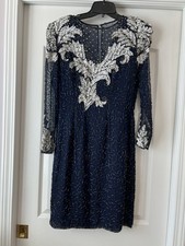 Vtg Laurence Kazar Maxi Navy Evening Gown Dress Beaded Sequins Small 100 Silk
